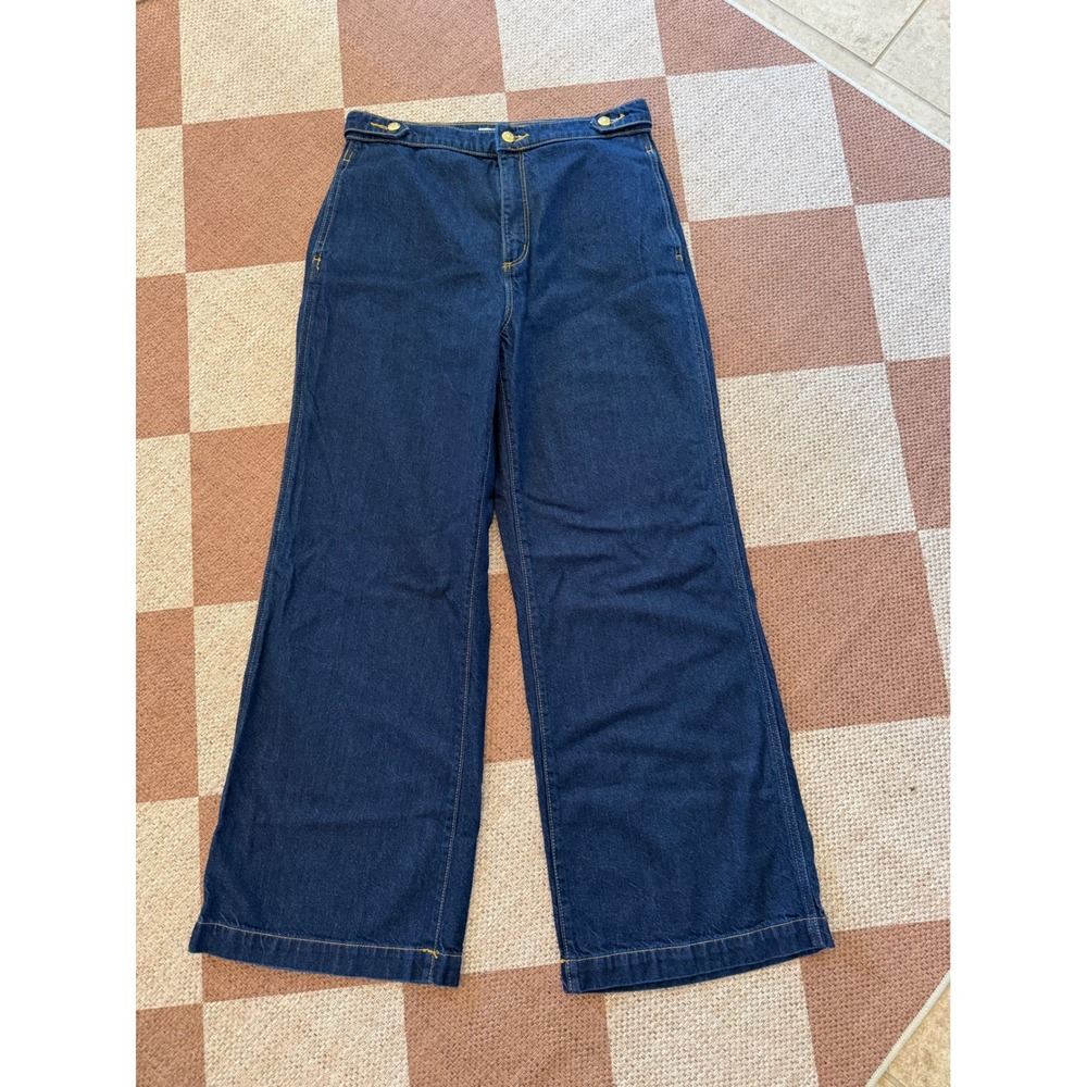 Loft The Trouser Wide Leg Jeans Dark Wash Gold Button High Rise 28 6 RN140923